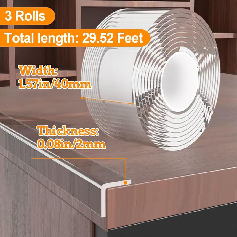 CHENYA 3 Pack Clear Edge Protector Strip,1.57 in x 9.84 FT,Sharp Edge Wrap Cover Tape,Self Adhesive Protective Bumper Guards for Cabinet Door Desk Glass Table Bed Furniture,Kitchen Countertop - Image 2